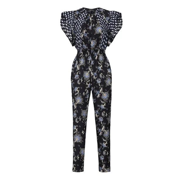 REBECCA TAYLOR Black Navy Floral Paisley Print Silk Blend Jumpsuit Romper Size 6 - Picture 2 of 11